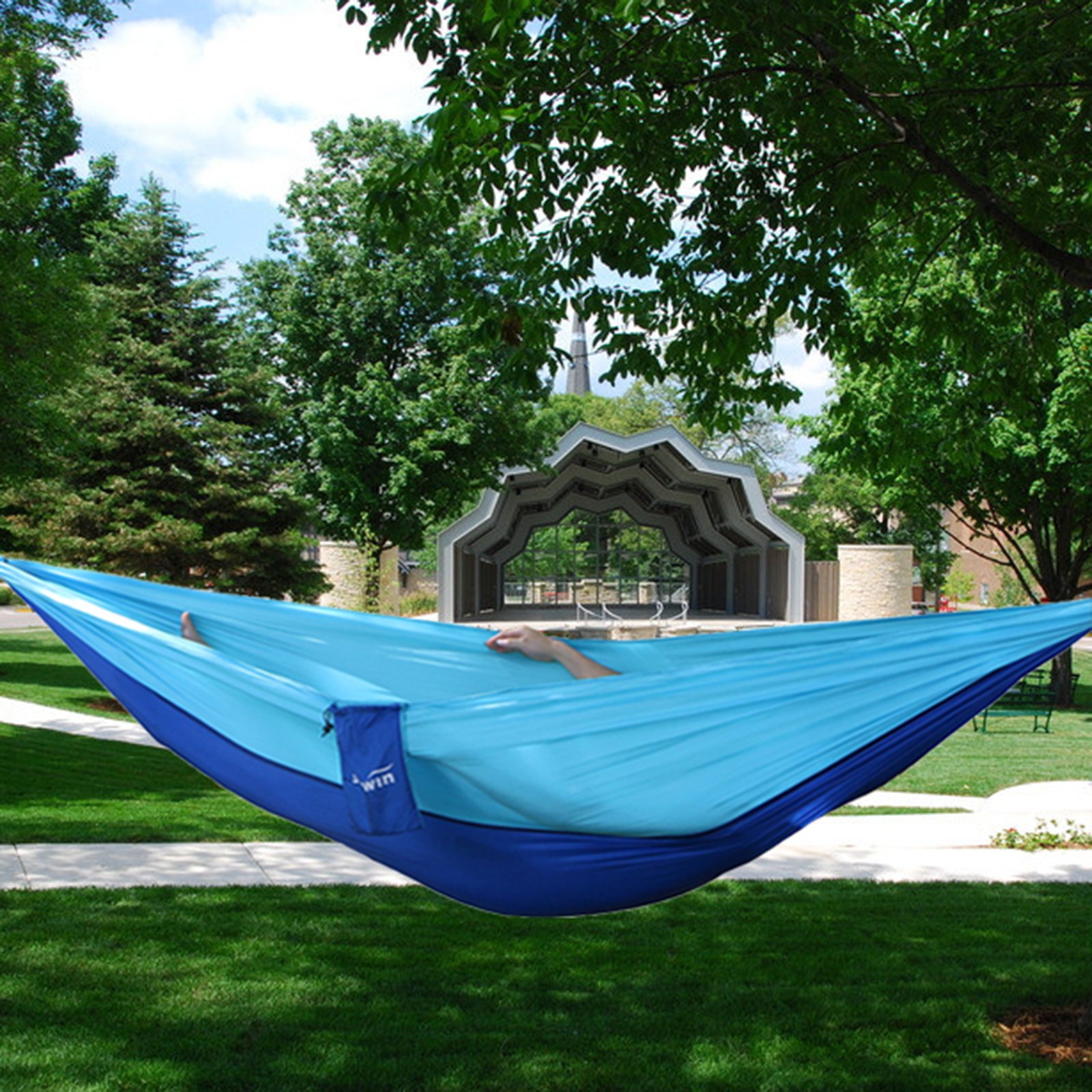 SKYWIN Camping Hammock Lightweight Parachute Hammock Multifunctional For Travel,Camping,Hiking, Beach, Yard , Portable with 2 Carabiners and 2 Hanging Ropes 10FT by Each ( Blue Stitching)