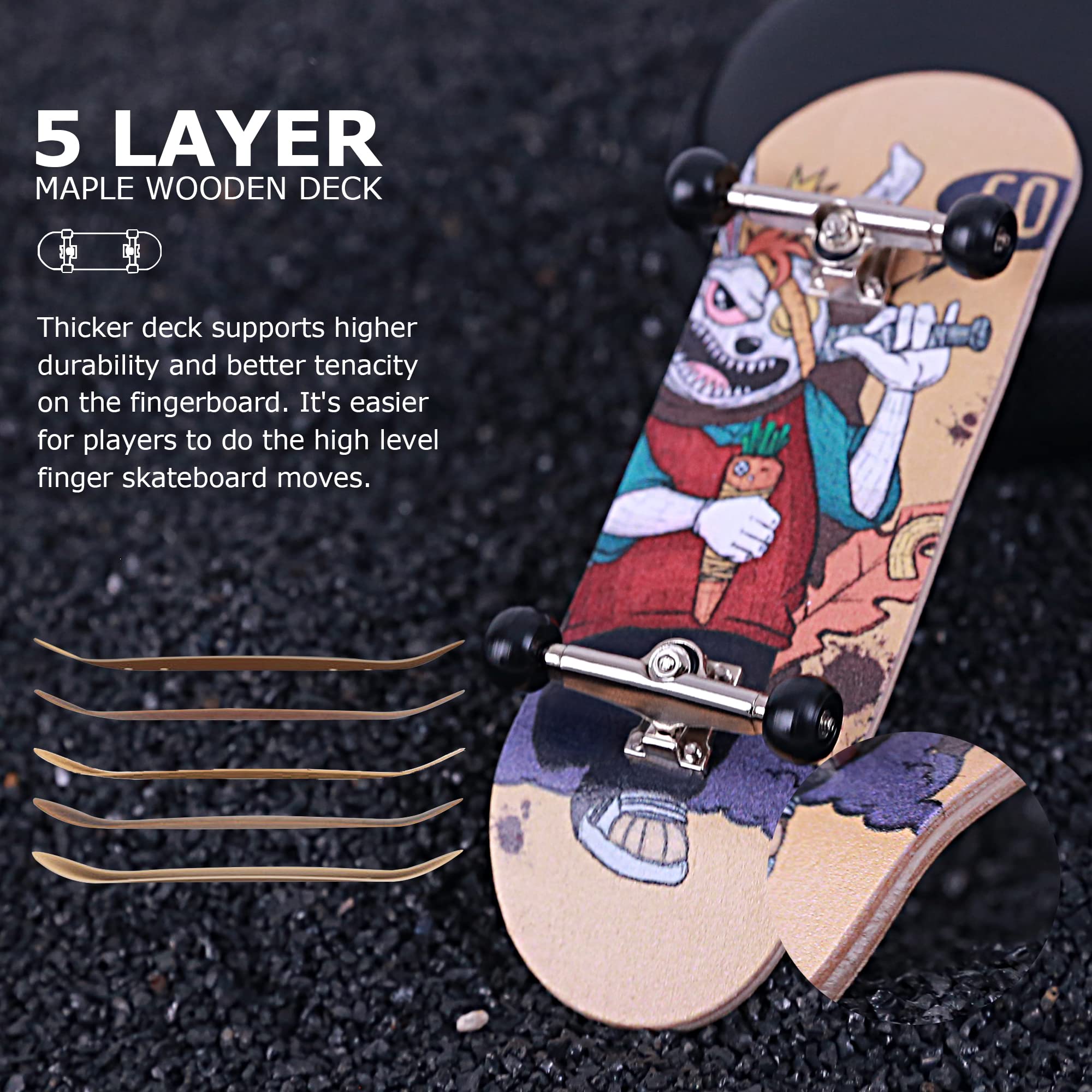 Professional Complete Wooden Fingerboard 32/34mm 5-Ply Maple Finger Skateboard with Upgraded Components (Captain-M)