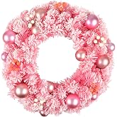 Pink Christmas Wreath for Front Door, Snow Flocked Artificial Holiday Wreath with Pink Ornaments and Berry Accents, Decorative Christmas Door Wreath for Indoor Outdoor Wall Window Fireplace