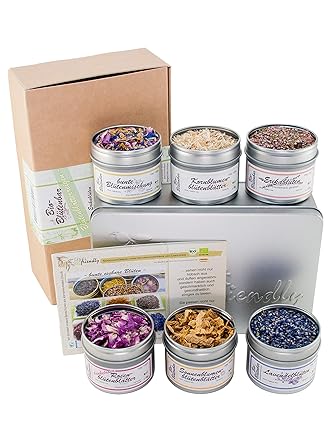 direct&friendly Bio Blütenblätterreigen Geschenkset Blütenbar mit 6 verschiedenen Essblüten