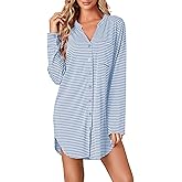Vrtige Women's Striped Nightshirt Button Down Long Sleeve Nightdress Nightgown with Pocket