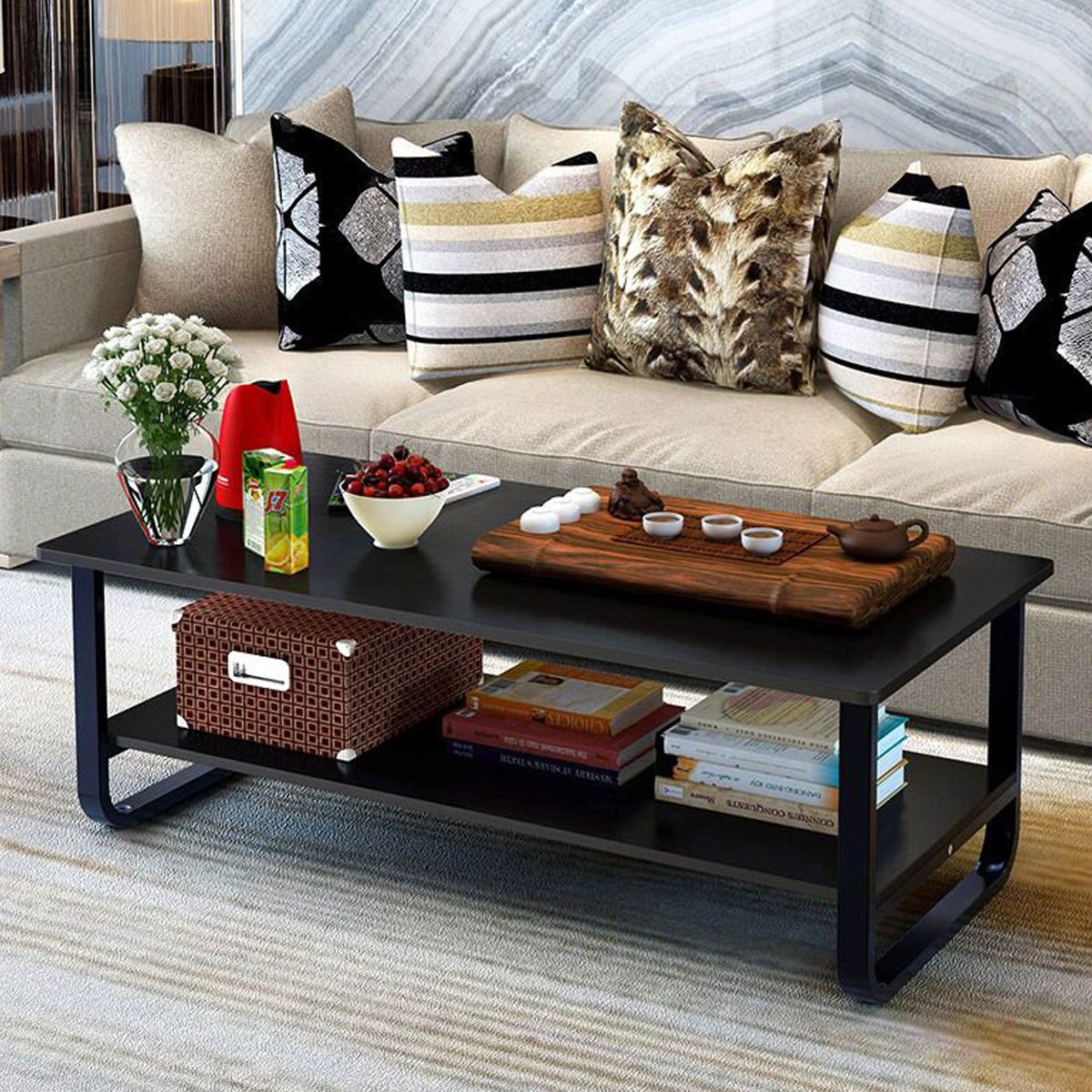 Rectangular Coffee/Tea Table with Storage Shelf (Black)