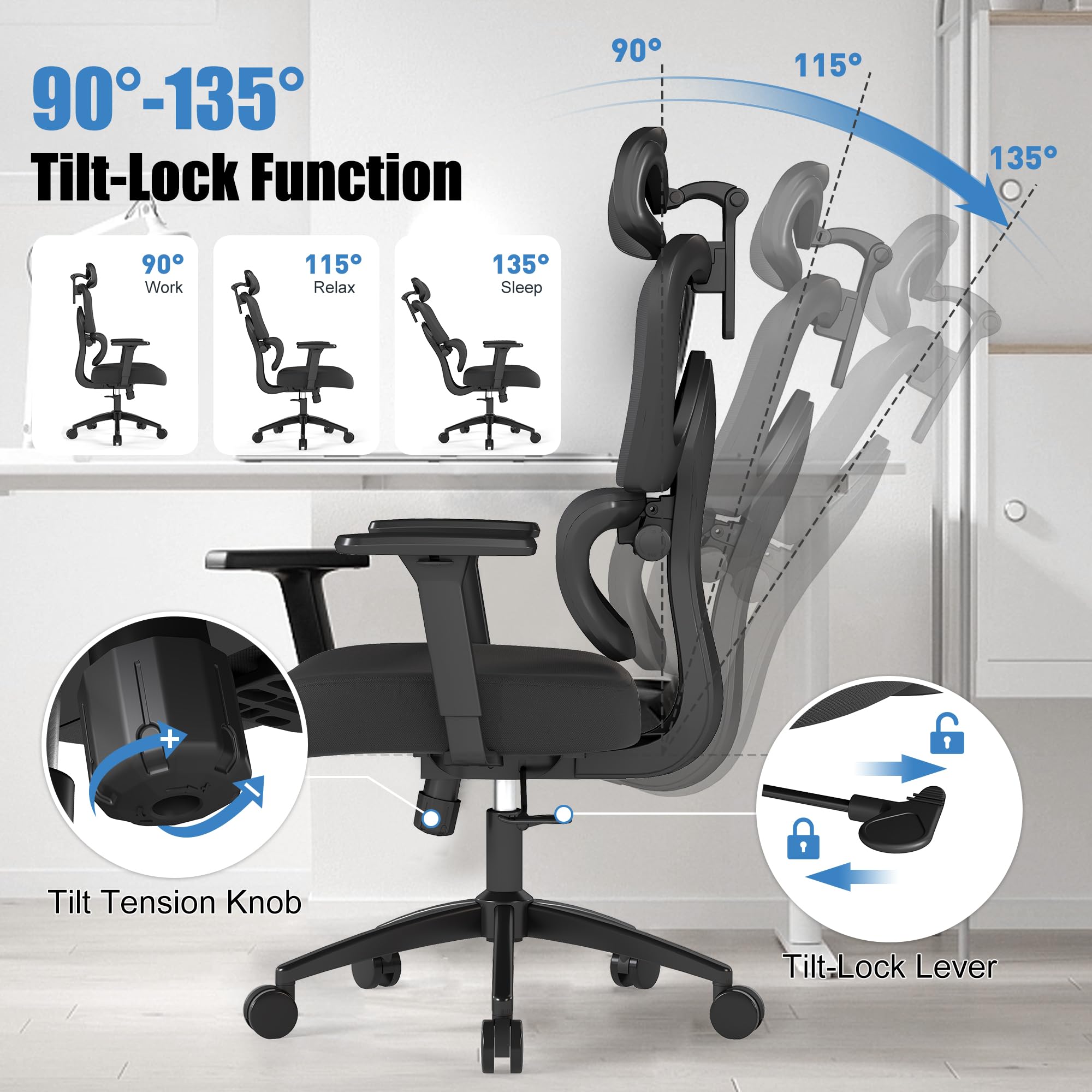 Ergonomic Office Chair with Adjustable Lumbar Support, 3D Arms and Headrest, High Back Wide Desk Computer Chair with Wheels, for Home & Office, Black - Image 4
