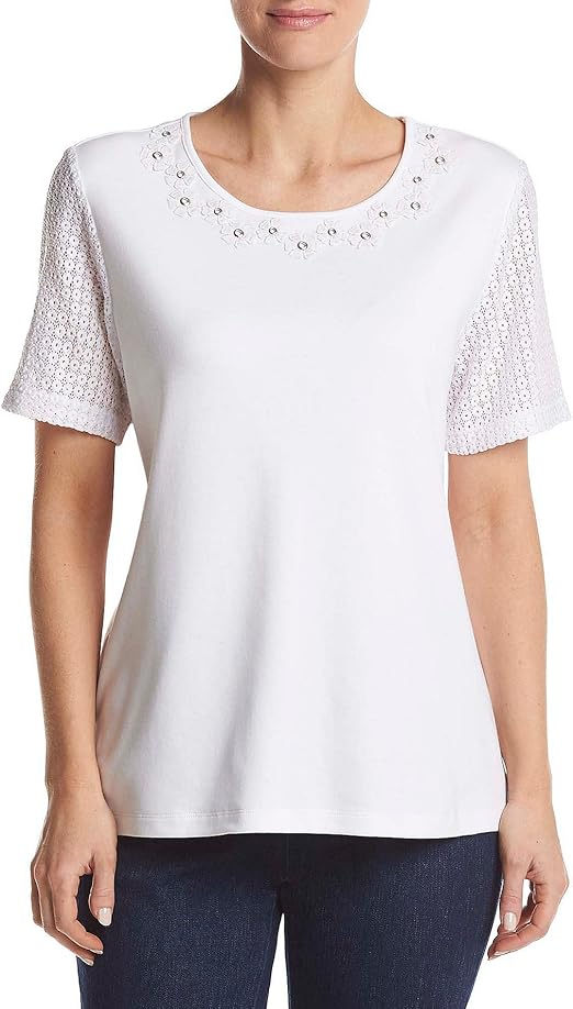 Alfred Dunner Women's Tunics Lace Yoke Three Quarter Sleeve Top Wine Size Petite M