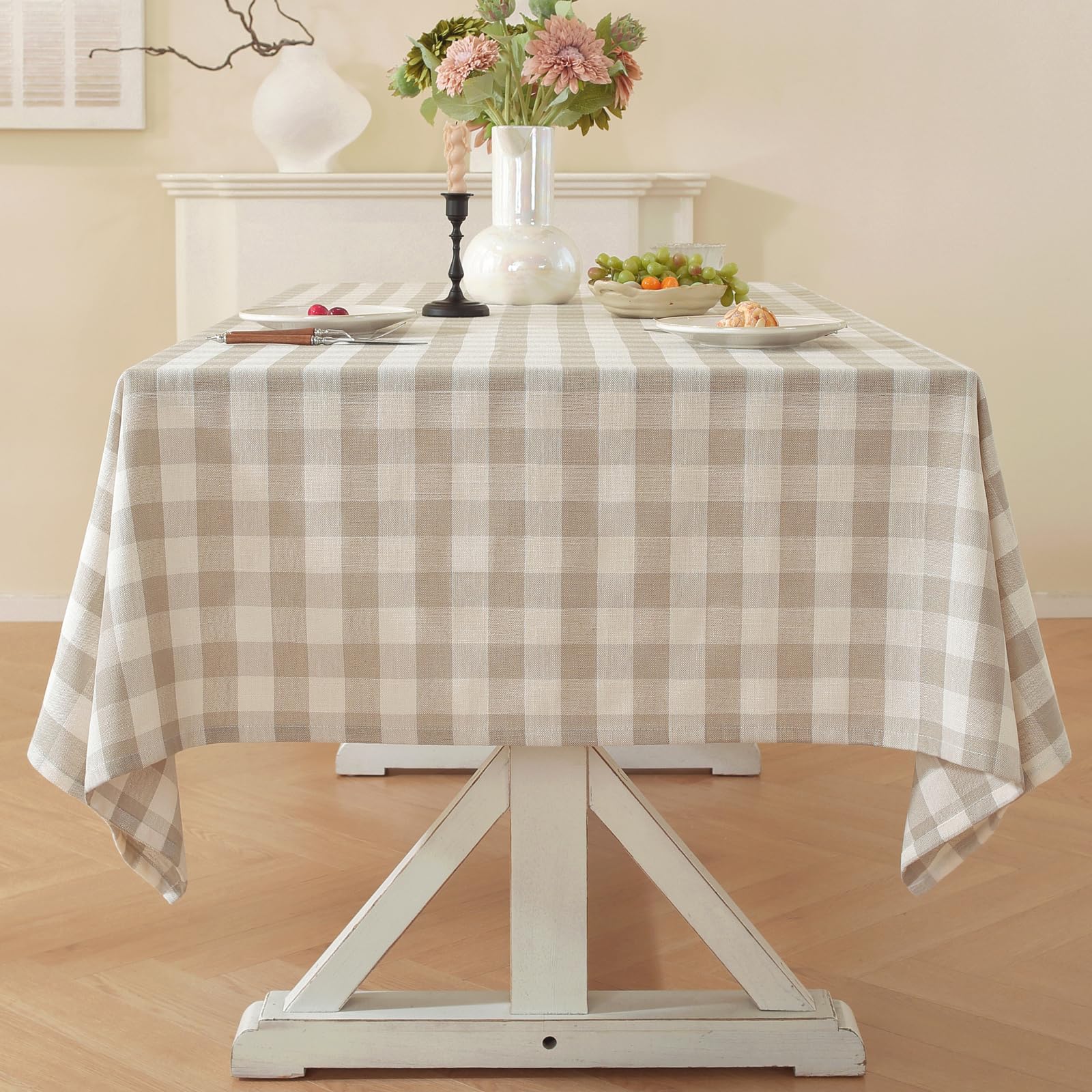 Photo 1 of Laolitou Beige Checkered Tablecloth Rectangle Tables Buffalo Plaid Gingham Table Cloth Cotton Linen Rustic Tablecloths Washable Wrinkle Free for Party Picnic Kitchen, 60"x90" 6-8 Seats