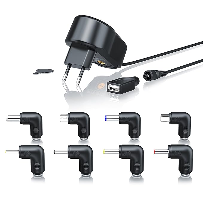 CSL - Universal Power Netzteil | Universal Ladegerät | 9 Verschiedene Adapter-Aufsätze inkl. USB, Mini und microUSB | 5-15V D