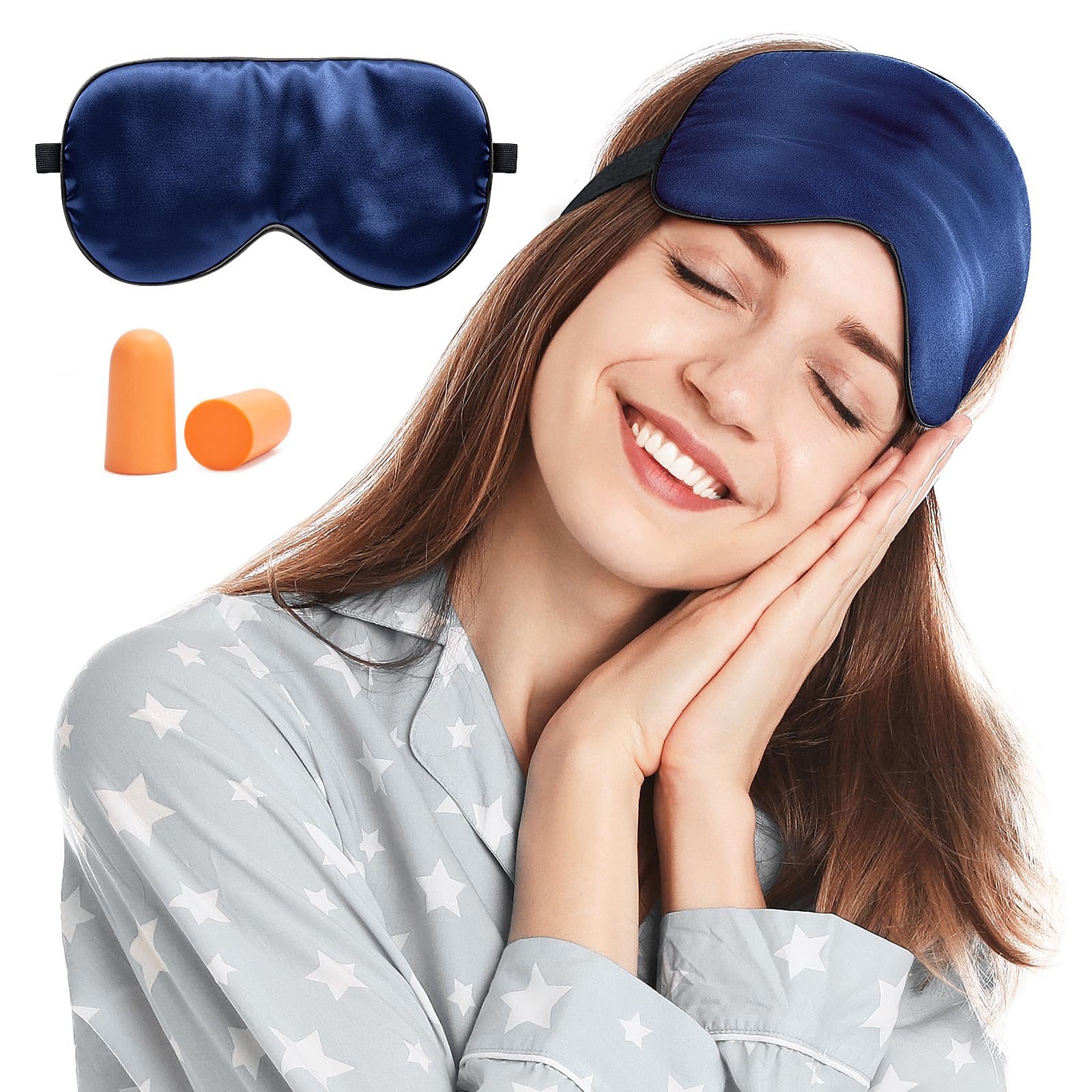 Viedouce Sleep Eye Mask,100% Natural Silk Eye Mask for Sleeping,Eye Blinder with Adjustable Strap and Ear Plug,Light-Blackout Design,Soft Sleep Mask for Women,Men and Kids(Blue)