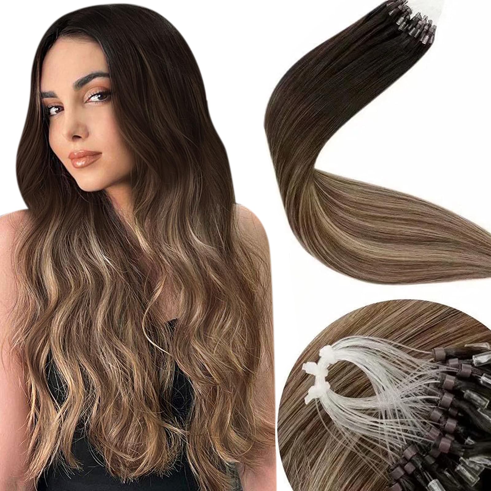 LaaVoo Micro Beads Hair Extensions Real Human Brown Remy Straight Balayage Darkest Brown to Ash Blonde Invisible Micro Loop Hair Extensions 50g 50s 14 Inch #2/6/18 โ image 1