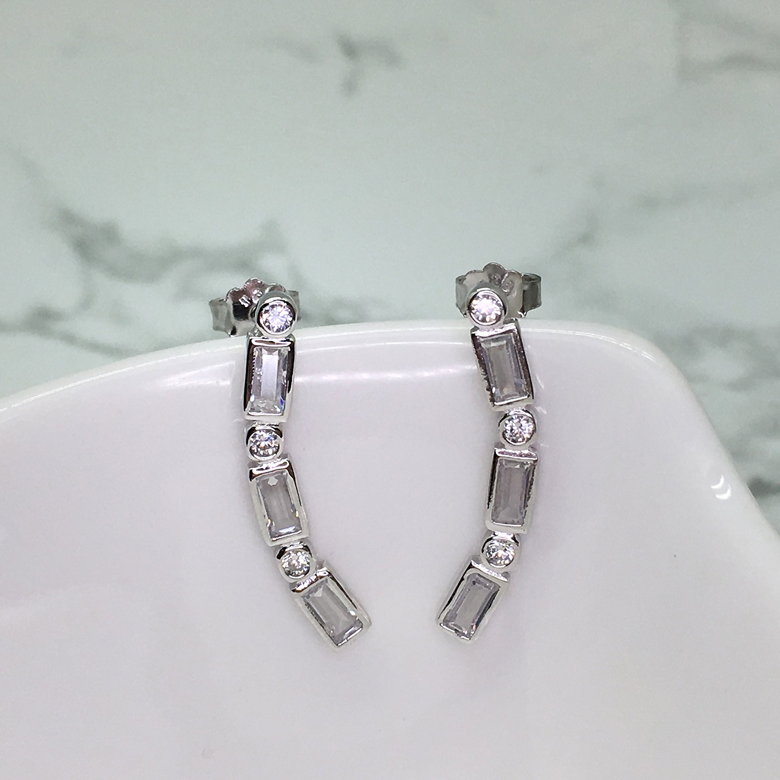 Rhodium Plated Sterling Silver Round and Baguette Cubic Zirconia Ear Crawler Stud Earrings