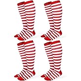 SATINIOR 4 Pair Red and White Striped Knee High Socks Tube Long Clown Socks Thigh High Stockings for Women Halloween(Large)