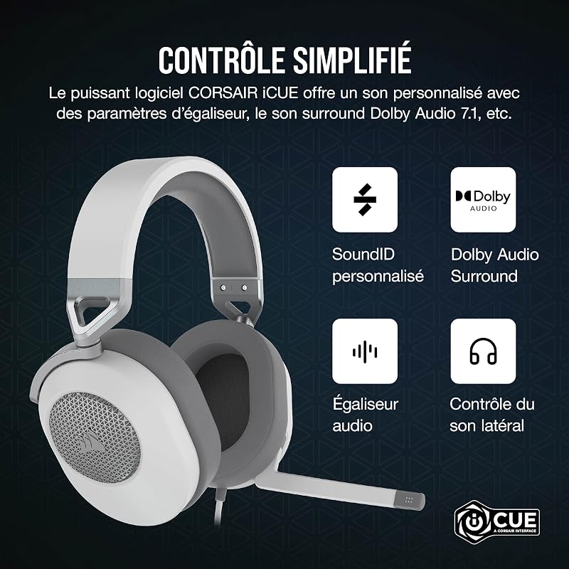 HS65 Surround Casque de Jeu Filaire Multiplateforme - Son Surround Dolby 7.1 - SonarWorks SoundID - Compatible iCUE - PC, Mac, PS5, PS4, Xbox, Nintendo Switch, Mobile - Blanc