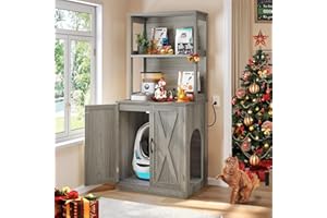 DWVO Large Hidden Litter Box Furniture with Shelves and Charging Station, Wooden Enclosure for Self-Cleaning Litter Boxes, Grey