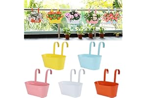 Glory Island 5 Pcs Hanging Flower Pot, Metal Iron Bucket Planter Box with Detachable Hooks, Outdoor Flowers Holder for Railing Fence Balcony Garden Yard