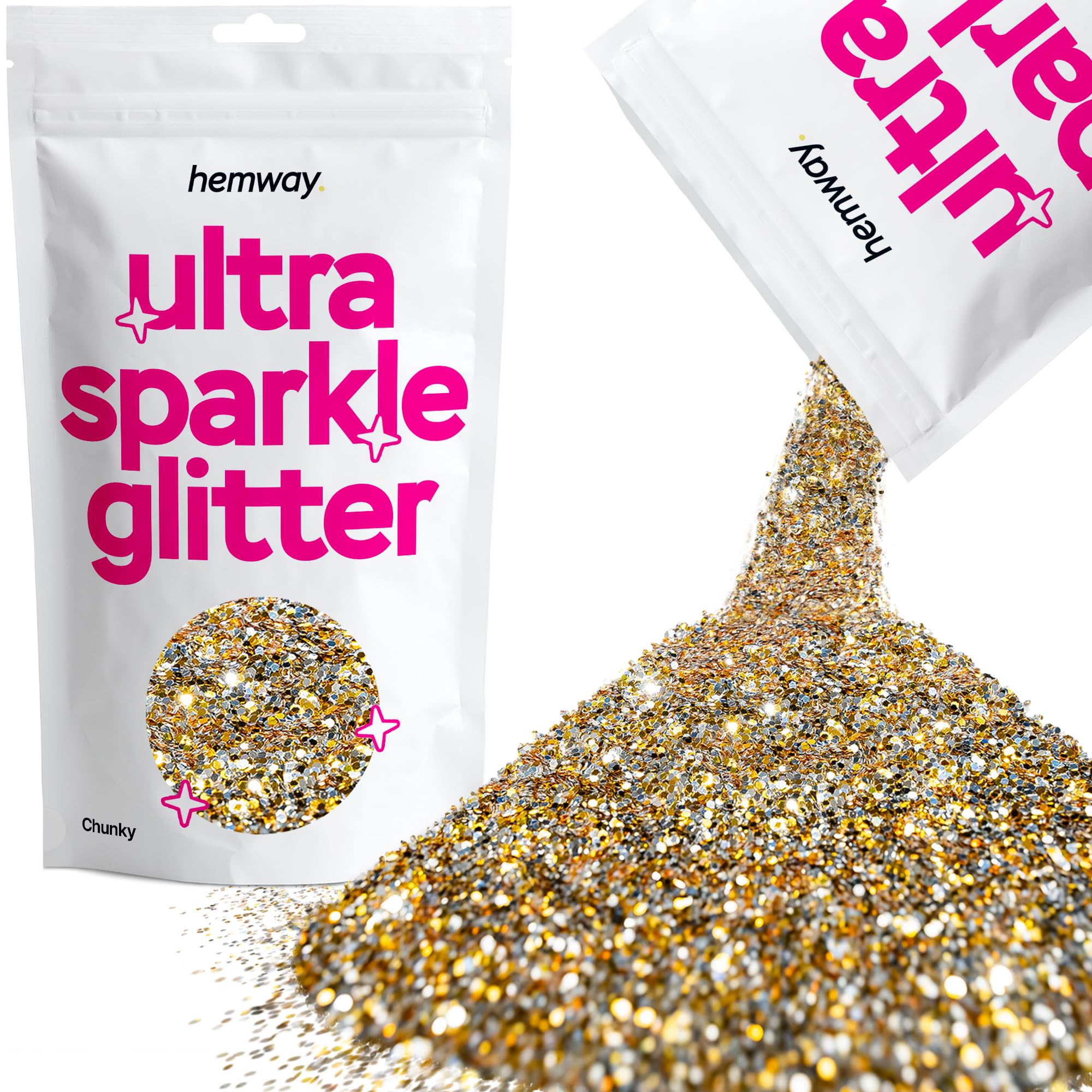 Hemway Ultra Sparkle Glitter Gold Silver 100g Chunky | Glitter for Arts & Craft, Makeup, Nail Art, Crafting, Card Making, Sparkle Decoration