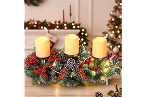 Baquler LED Christmas Candle Holder Centerpiece with 3 Candle Led Battery Operated Artificial Christmas Table Decorations Base Candelabrum for Dining Room Kitchen Indoor Home (Red and Green)
