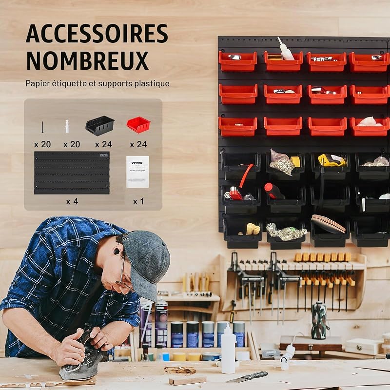 Étagère Bac à Bec Plastique, 48 Boites Rangement Empilables Atelier Garage avec Panneaux Muraux, Organisateur Outils pour Écrous, Boulons, Vis, Clous, Perles, Boutons, Petites Pièces, Noir/Rouge
