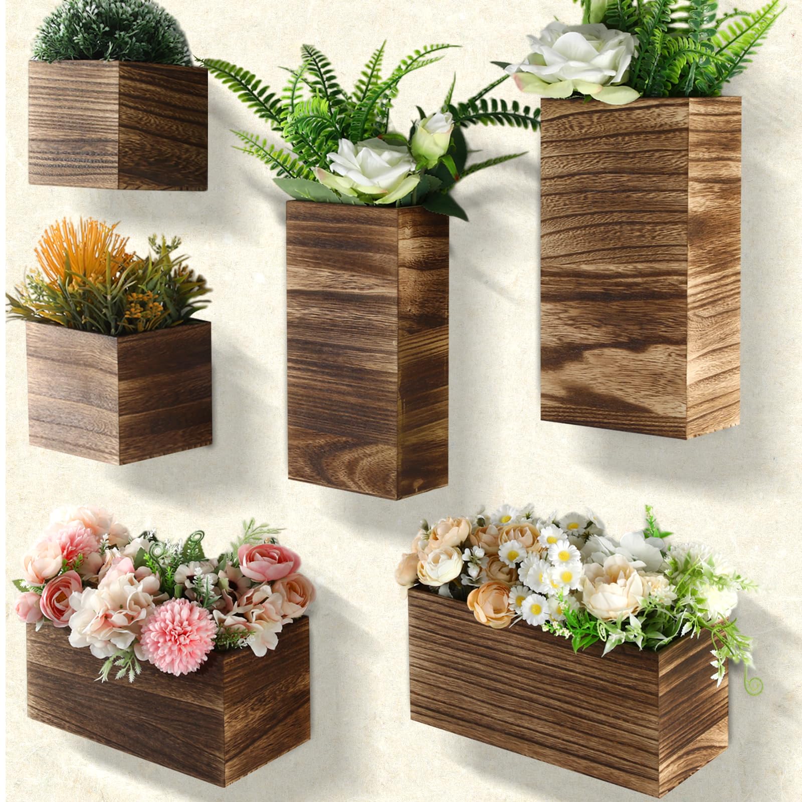 Photo 1 of Ziliny 6 Pack Rustic Wood Wall Planters Hanging Wall Planters Pocket Vases Hanging Decor Vase for Plants Dried Flowers Faux Greenery Plants Indoor Living Room Bedroom Farmhouse Home Decor(5 Sizes)