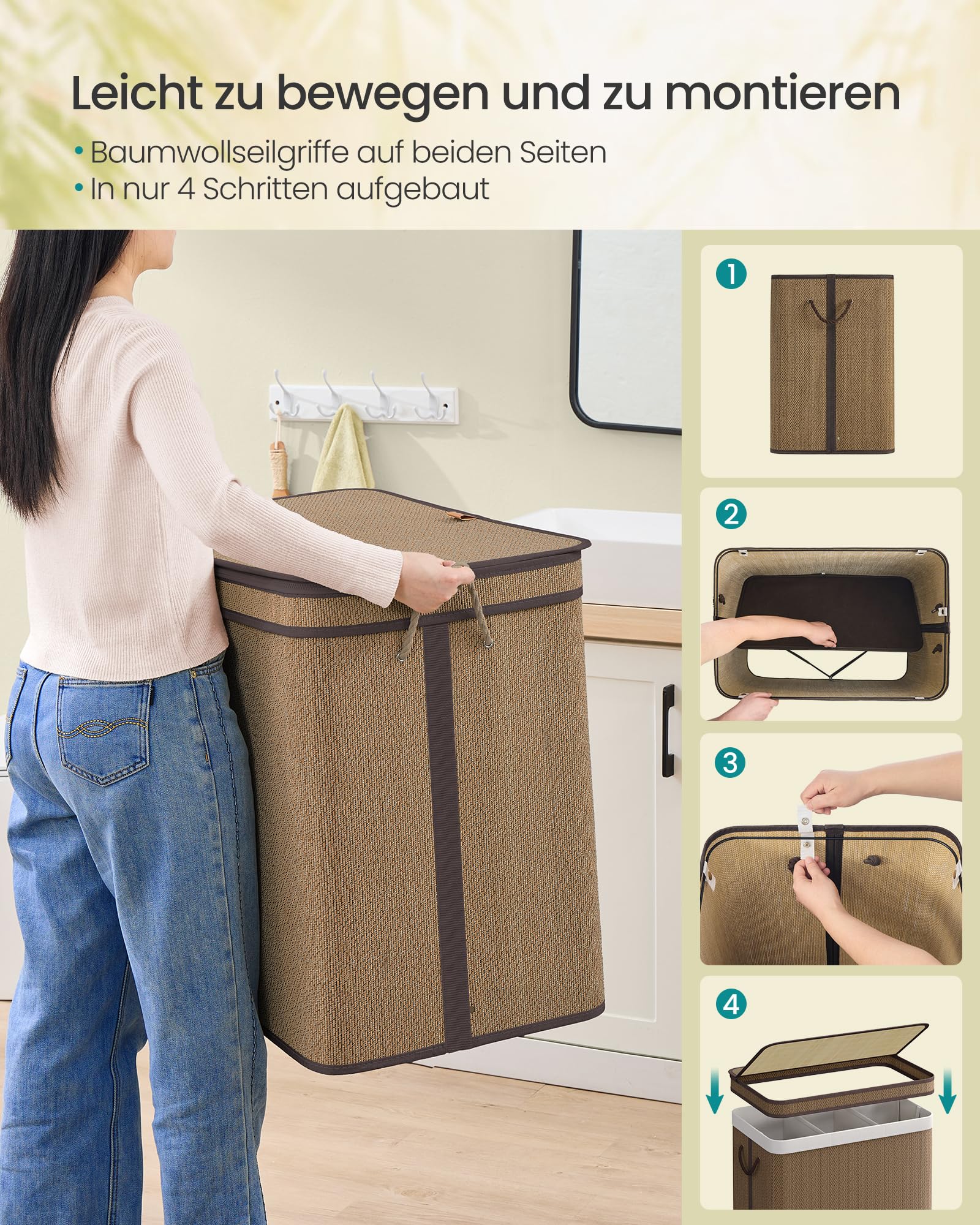 SONGMICS Wäschekorb 3 Fächer, Wäschesammler Bambus, 170 Liter, Wäschesack herausnehmbar und maschinenwaschbar, mit Deckel, Griffe, für Waschküche, Schlafzimmer, Wohnzimmer, braun LCB069K01 6