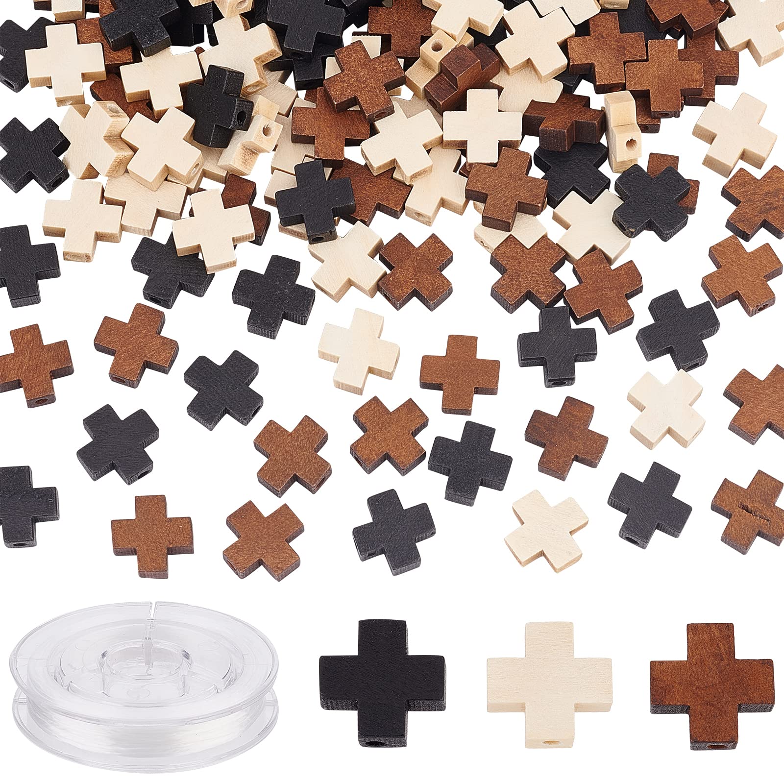 SUNNYCLUE 150Pcs Easter Wooden Cross Beads Natural Wood Cross Bead Mini Unfinished Wood Beaded Blessing Rosary Spacer Loose Beads for Sunday School Craft Easter Bracelet Necklace Eid Ramadan Decor — image 1