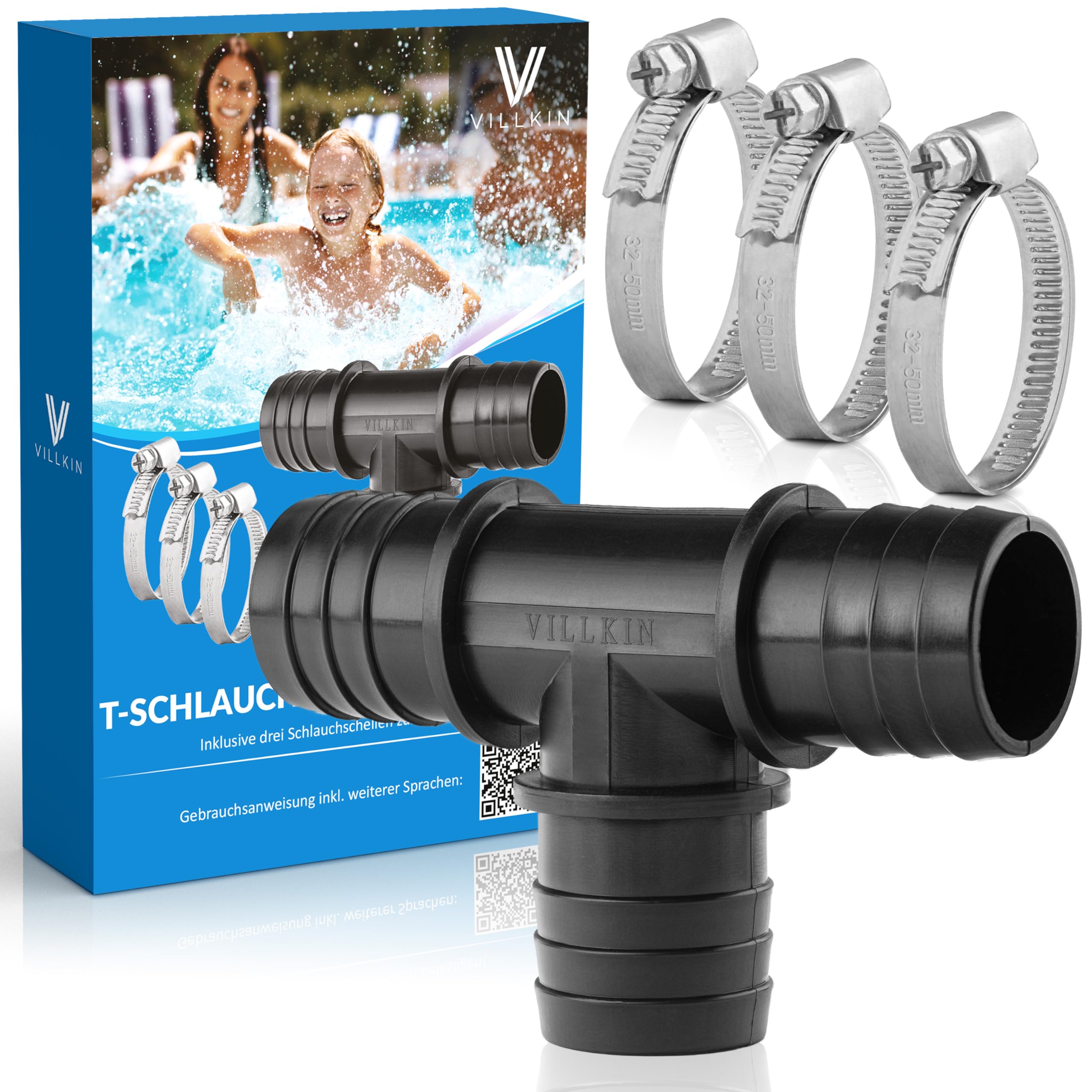 Villkin T-Hose Connector with 3 x Hose Clamps for the Pool - 38 mm - T-Piece Hose Nozzle for Pool Hoses Black