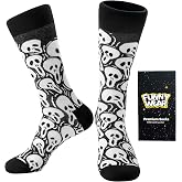 Mens Halloween Socks, Funny Crazy Novelty Skull Skeleton Crew Socks 8-12 | Spooky Black And White Skull Design For Halloween Parties, Costumes Halloween Holiday Birthday Gifts for Men, Dad, Boyfriend