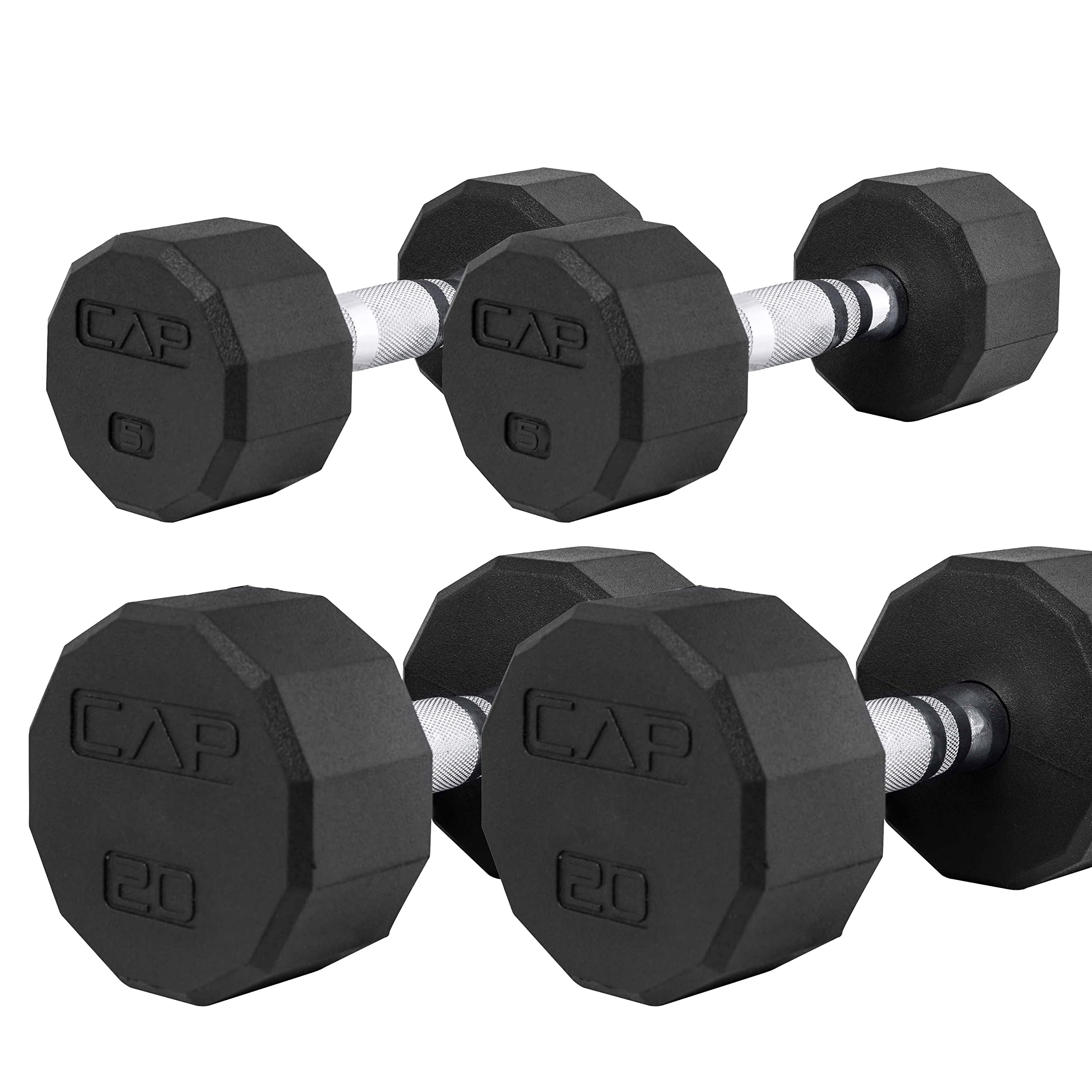Photo 1 of CAP Barbell 50 lbs Coated 12 - Sided Dumbbell Set with Black Handles, 5LBx2, 20lbx2