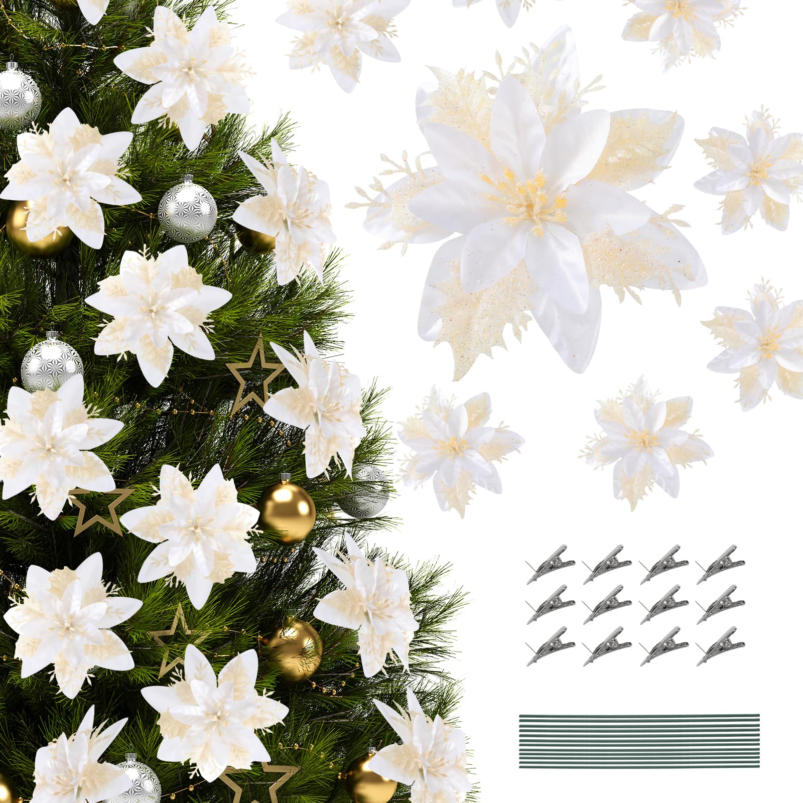 Photo 1 of Poinsettias Artificial Christmas Flowers Decorations - 12 Pcs Artificial White Poinsettia Flowers for Christmas Tree,Fake Glitter Poinsettia 5.5" with Clips Stems for Home Outdoor Decor(White)