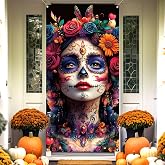 Pudodo Día De Los Muertos Door Cover Day of The Dead Decoration Mexican Sugar Skull Marigold Front Door Porch Banner Photography Decor