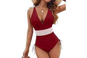 MAIABLEAU Women's Sexy One Piece Swimsuits Tummy Control Deep V Neck Drawstring Bathing Suits Color Block Monikini