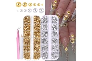JFIYUOMCI 24 Grids/2 Boxes Flat-Back Nail Pearls - (Silver & Gold) 3D Nail Charms and Gems Rhinestones, Metal Beads for Nails, Nail Art Supplies for DIY Acrylic Nails Face Makeup and Crafting