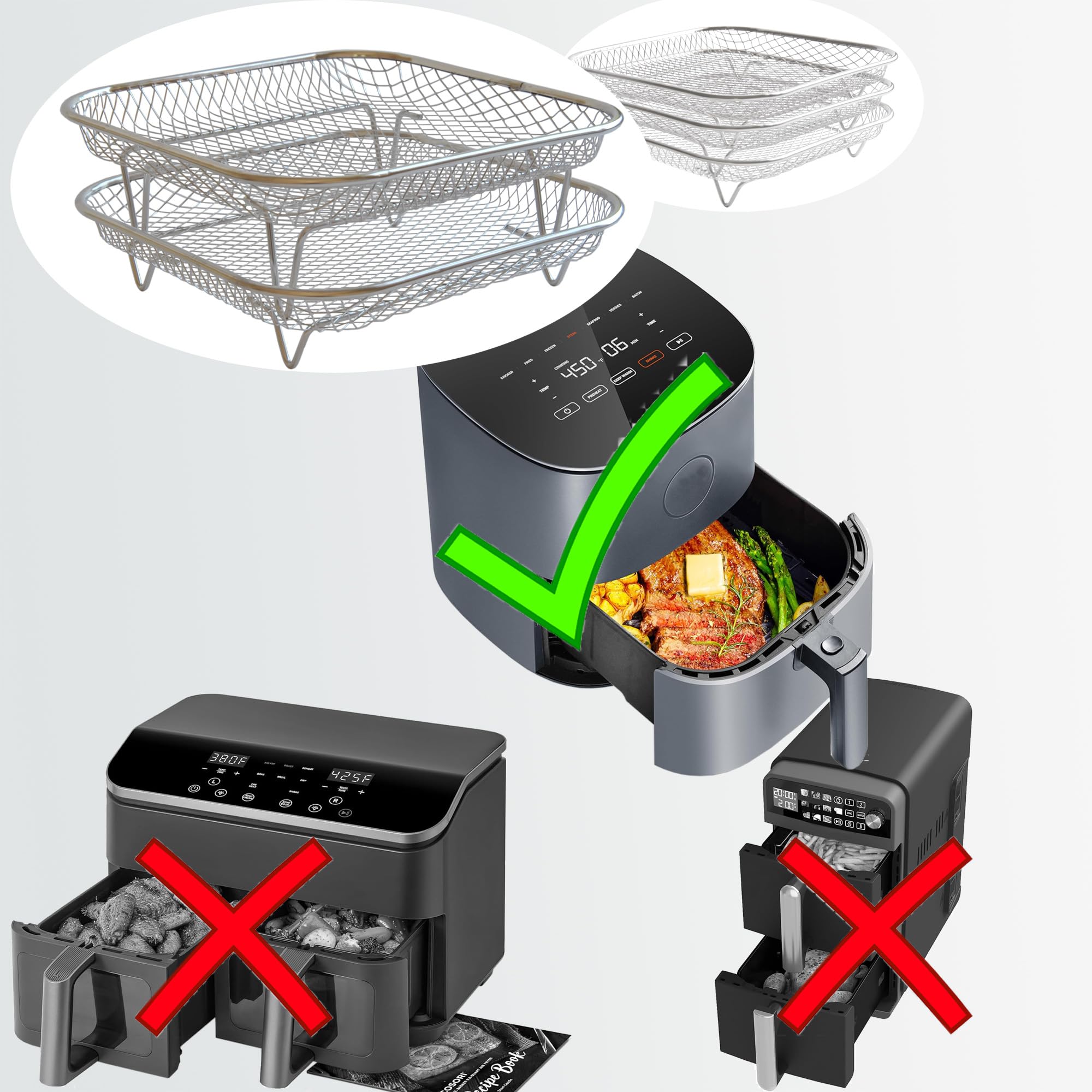 Dual-Layer Air Fryer Rack Set with Elevated and Regular Support Legs. 304 Stainless Steel Mesh Baskets, Square Air Fryer Accessories for Cosori, Instant Vortex, Chefman, Ninja Foodi Grill.