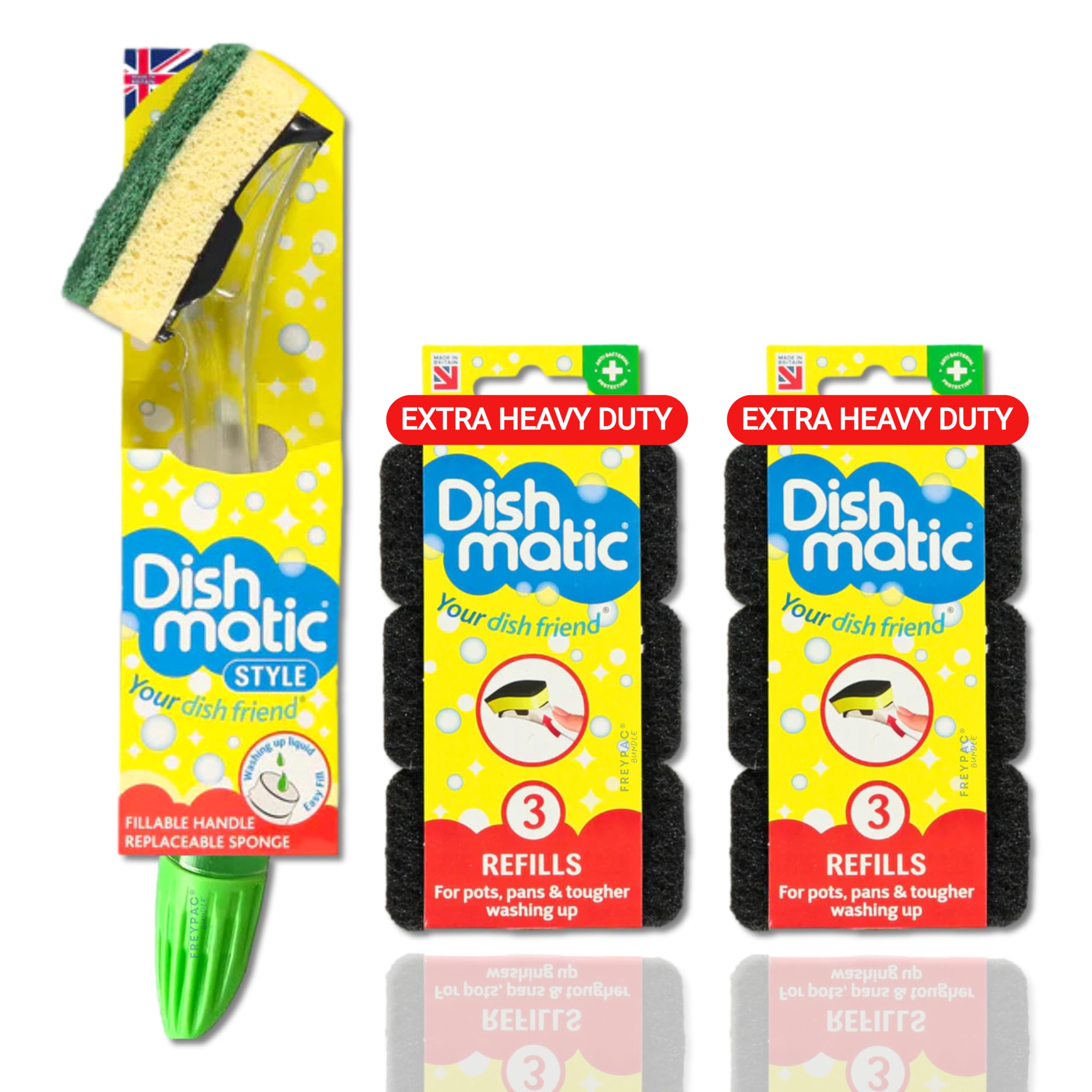 Washing Up Sponges Soap Dispensing Magic Handle, Super Scrubbing Kitchen Cleaner Flash Scourer Bathroom Scrub Sponge Scraper Refill (Bundle by FREYPAC) (Handle plus 7 Heavy Duty Sponge Refills)