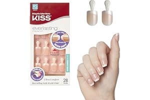 Kiss Everlasting French Nail Manicure, Chip-Free, Flexi-Fit Technology, Real Short, "String of Pearls", Nail Kit with Pink Nail Glue (Net Wt. 2g / 0.07oz), Mini File, Manicure Stick, and 28 Fake Nails