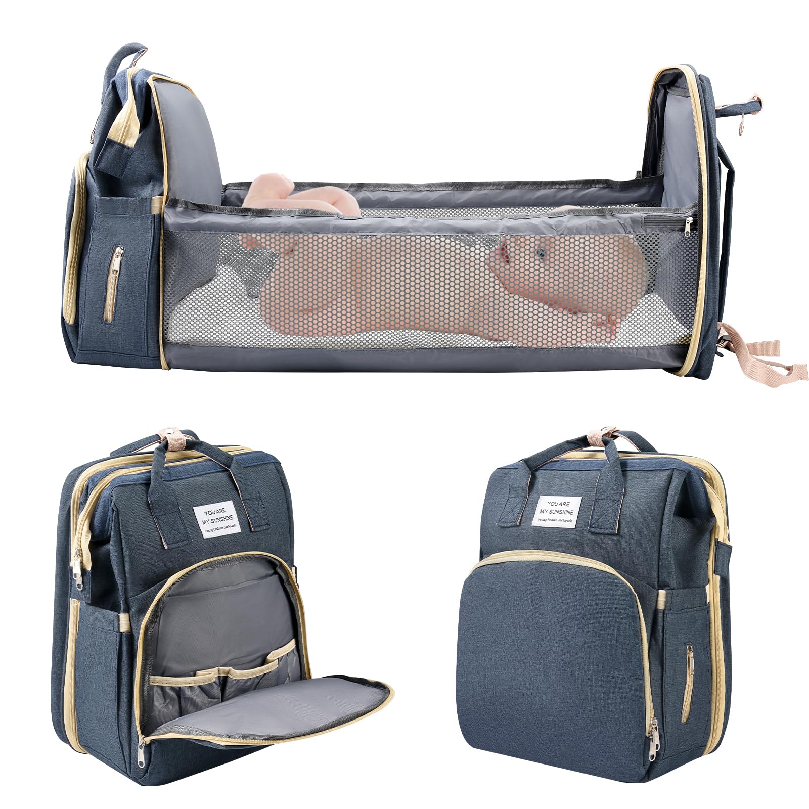 Jalann Baby Changing Bag, Nappy Changing Bag with Foldable Cot Bed, Large Capacity Baby Bags with Changing Mat for Mum, Waterproof Portable Diaper Backpack, Stroller Straps for Travel (Dark Blue)