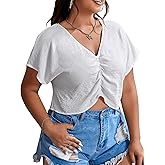 MakeMeChic Women's Plus Size Ruched Front Short Sleeve Shirts Casual V Neck Crop Top Blouse