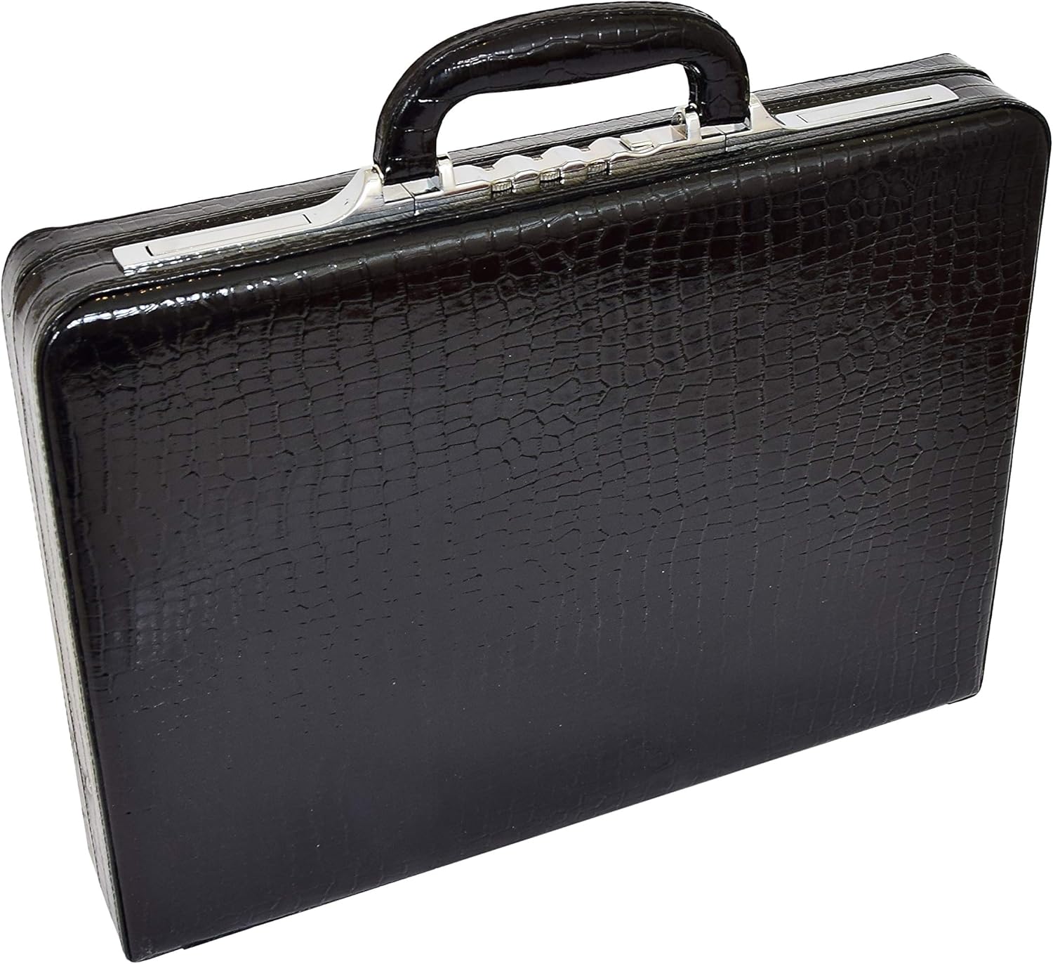 Slimline Black Leather Attache Case Croc Print Briefcase Dual Lock