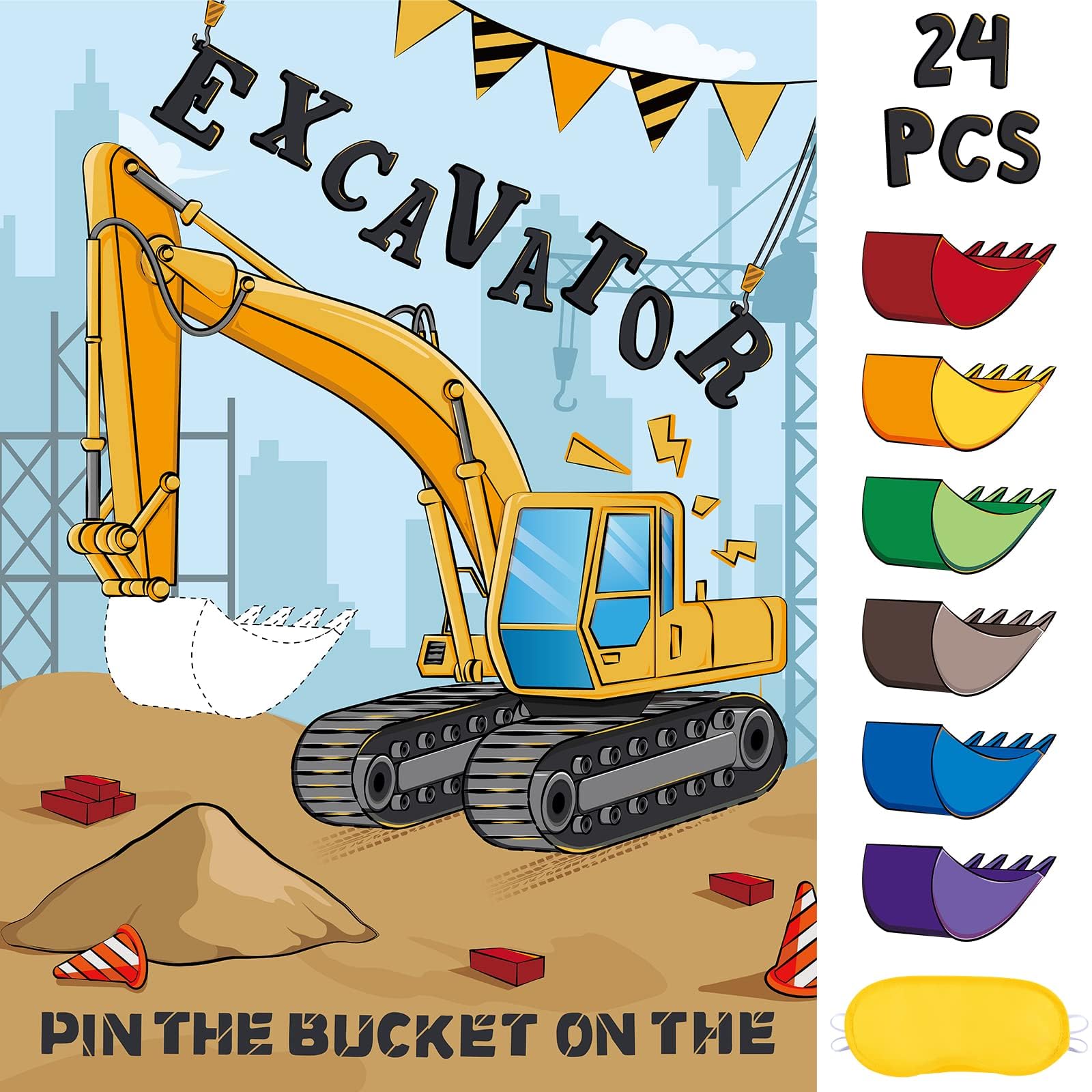 Photo 1 of WERNNSAI Pin The Bucket on The Excavator Games - Construction Birthday Party Supplies Kids Pin The Truck Party Games for Kids Birthday Family Activities Truck Poster with 24 Pcs Stickers