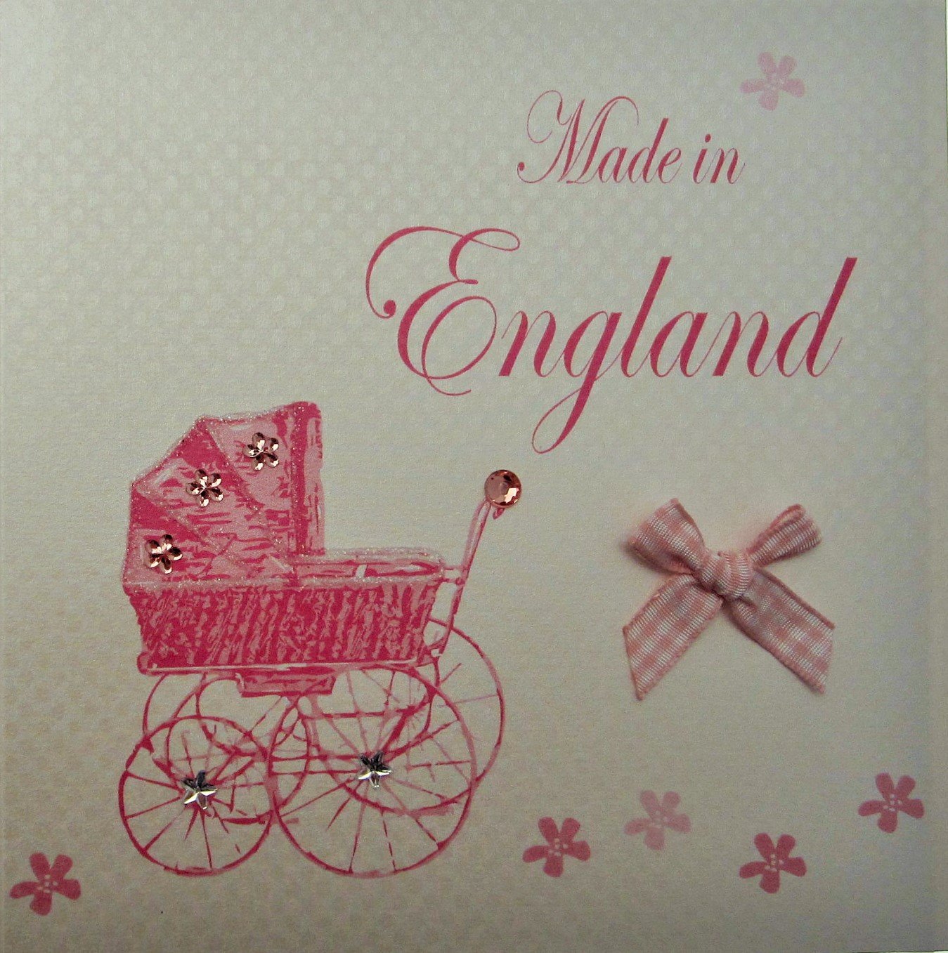 white cotton cards Made in England Handmade New Baby Town Card with Pink Pram