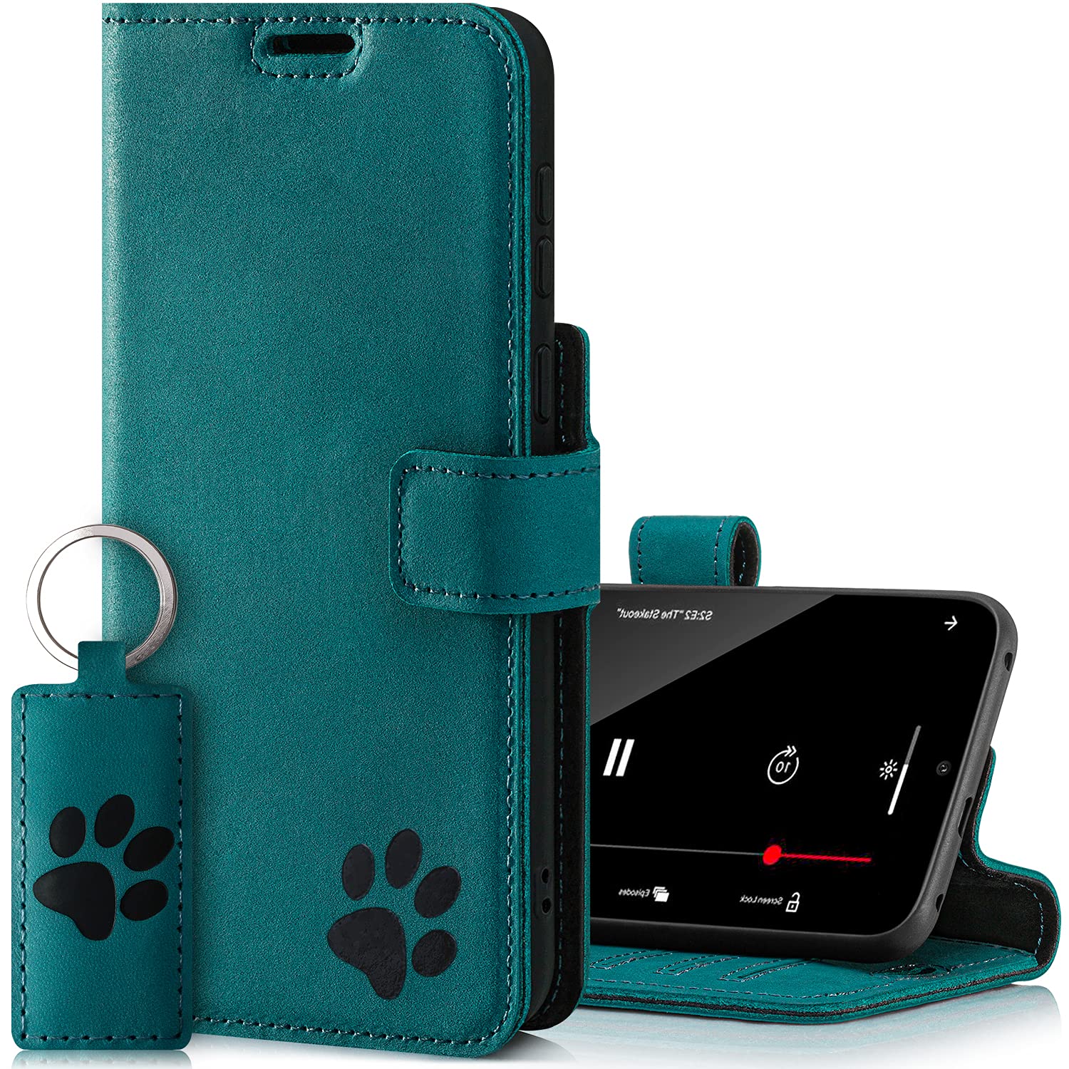SURAZO Prestige Leather Case for Apple iPhone 13 Pro Max - RFID Wallet Flip Cover with 3 Card Slots & Cash Pocket - Secure Magnetic Closure & Kickstand - Real Leather Folio Bumper (Turquoise & Paw) — image 1
