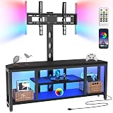 Corner TV Stand with Mount LED - Universal TV Mount Stand for 32-65" TV, Height Adjustable Swivel TV Console Wood & Steel Entertainment Center with Mount, Cabinet, Power Outlet, Colorful Light, Black