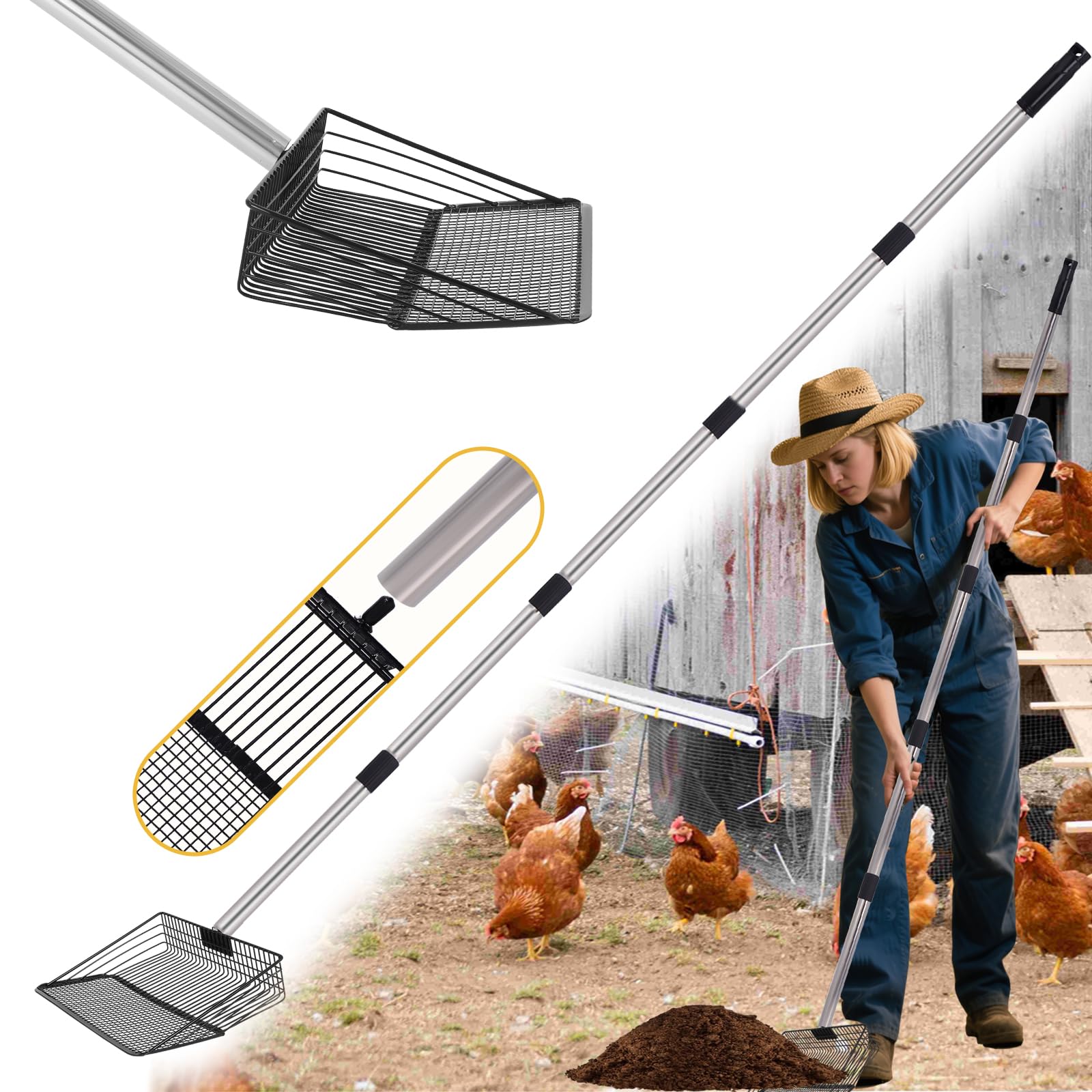 Photo 1 of 10 Inch Chicken Coop Poop Scoop, Metal Litter Shovel with 22–77" Adjustable Stainless-Steel Handle, Screw-Connected Design, Wide Sifting Scoop for Sand and Fine Shavings, Poultry Coop Cleaning Tool