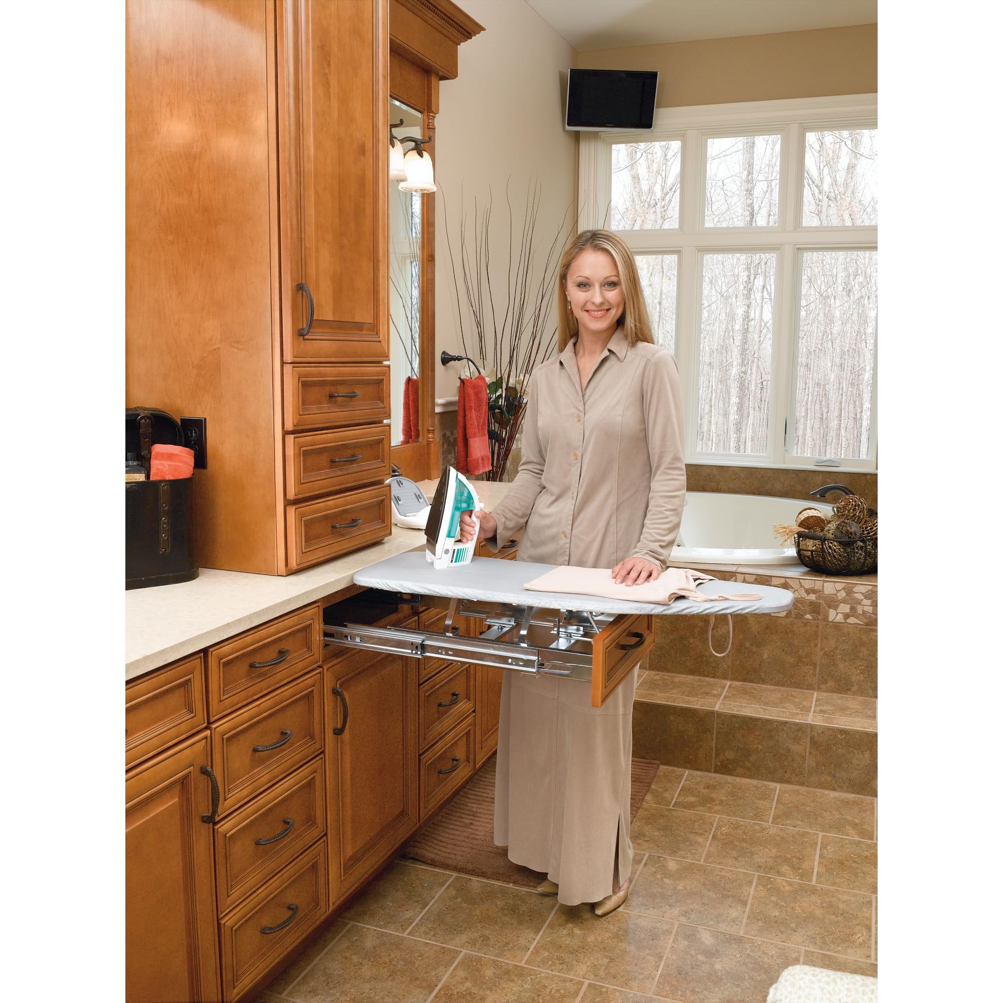 Rev-A-Shelf Pull Out Adjustable Folding Retractable Ironing Board w/Ball-Bearing Slide for Bathroom/Closet Vanity Cabinet Drawer, Gray, VIB-20CR