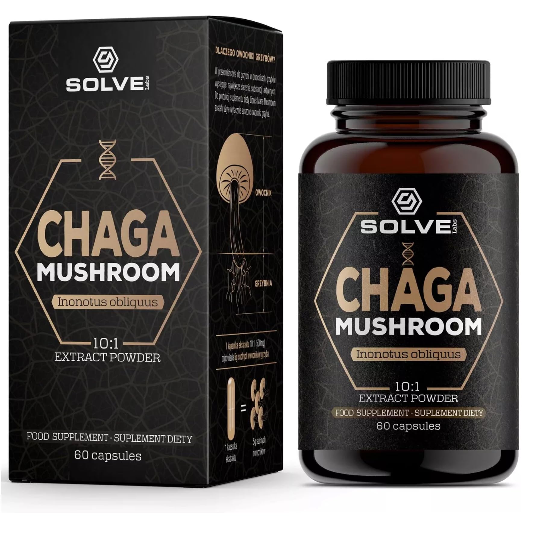 SOLVE Labs® ● Premium Siberian Chaga Mushrooom Capsules ● 10% Beta-D-Glucans ● 10:1 Concentrate ● No Fillers & Additives ● 60 Capsules ● 1 Month Supply