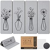 Foldable Stone Bath Mat - 24x16 Inch, Super Absorbent Diatomaceous Earth Large Gray and Black Floral Modern Stone Bath Mats for Bathroom Decor Quick Dry Non-Slip Shower & Bathtub & Drying Mat
