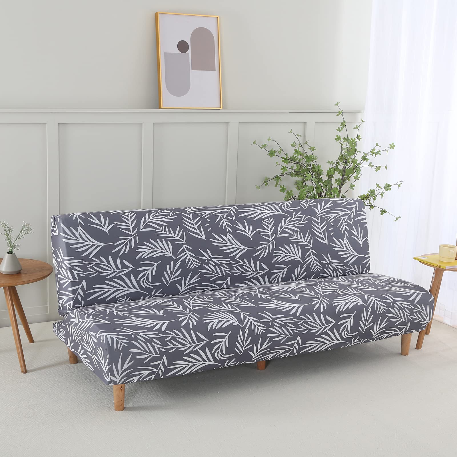 Armless Sofa Bed Cover Spandex Stretch Print Futon Slipcover Non-slip Folding Armless Sofa Cover Seat Couch Protector Fits for 2-3 Seater Folding Sofa Bed without Armrests, 180-210cm (Gray Leaves)