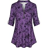 BEPEI Womens Floral 3/4 Sleeve Shirts Zip up V Neck Work Chiffon Blouses Top