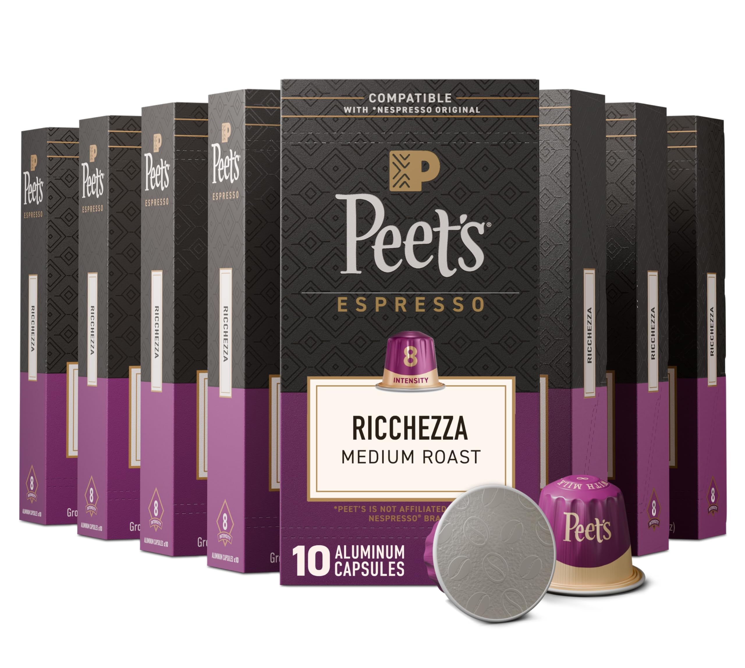 Peet's Coffee, Medium Roast Espresso Capsules, Compatible with Nespresso Original Machine, 100% Arabica Coffee - Ricchezza Intensity 8, 100 Count (10 Boxes of 10 Espresso Capsules) Image