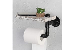 HAITRAL Pipe Toilet Paper Holder - Industrial Tissue Holder with Wooden Shelf Wall Mounted for Bathroom, Washroom and Cast Iron Pipe-Rustic Grey