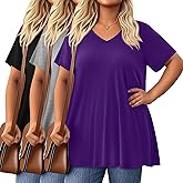 Evervibe 3 Pack Women's Plus Size Tops Short Sleeve Tunic Shirts V Neck Loose Flowy Swing Casual Summer Tees