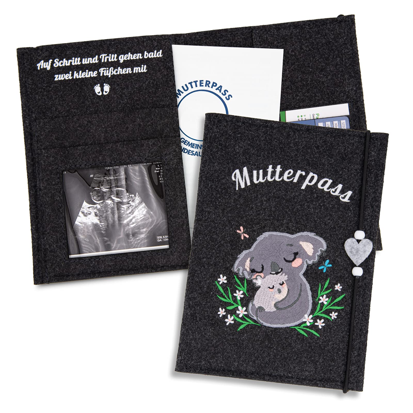 ZWEN Maternity Log Cover Koala Grey Felt for German Maternity Log Handmade Maternity Log Organiser with Compartments for Ultrasound Image, Vaccination Certificate etc. as a Pregnancy Gift